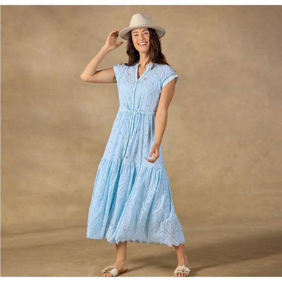Sundance Dresses & Skirts - Sundance Astoria Eyelet Blue Buttoned Ruffled Cap Sleeve Tiered Midi Sun Dress